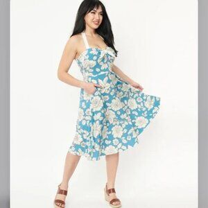 Unique Vintage Blue and Cream Floral Midi Dress